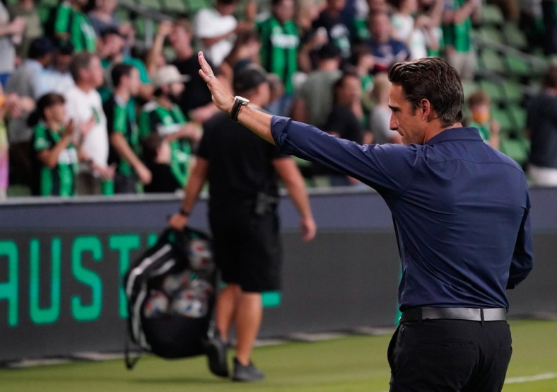 Aug 4, 2021; Austin, TX, USA; Austin FC head coach Josh Wolff acknowledges fans after a victory over Houston Dynamo at Q2 Stadium. Mandatory Credit: Scott Wachter-USA TODAY Sports
