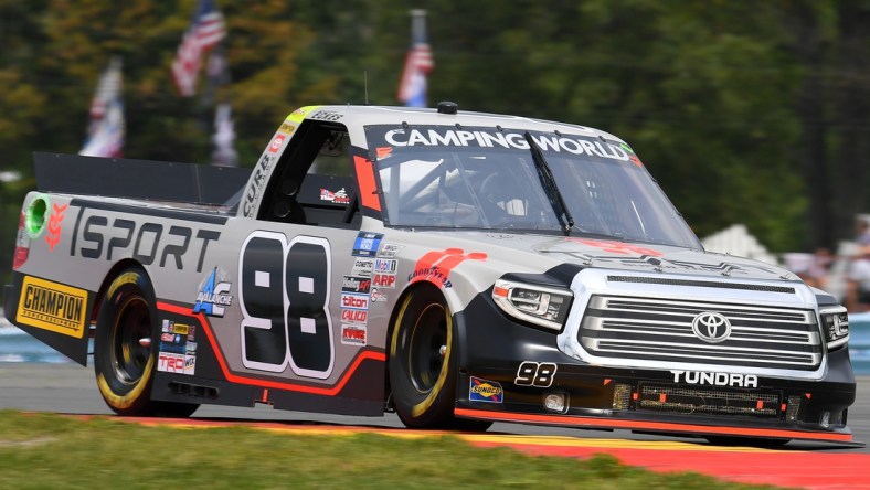 Aug 7, 2021; Watkins Glen, NY, USA; NASCAR Camping World Truck Series driver Christian Eckes (98) drives during the United Rentals 176 at Watkins Glen International. Mandatory Credit: Rich Barnes-USA TODAY Sports