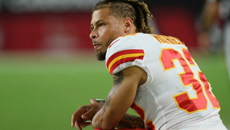 Aug 20, 2021; Glendale, Arizona, USA; Kansas City Chiefs free safety Tyrann Mathieu (32) looks on against the Arizona Cardinals during the second half at State Farm Stadium. Mandatory Credit: Joe Camporeale-USA TODAY Sports