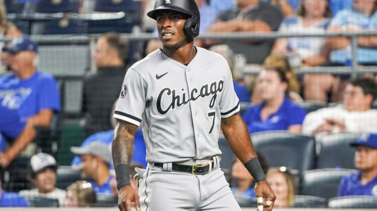 Jul 26, 2021; Kansas City, Missouri, USA; Chicago White Sox shortstop Tim Anderson (7) reacts after striking out during the game against the Kansas City Royals at Kauffman Stadium. Mandatory Credit: Denny Medley-USA TODAY Sports