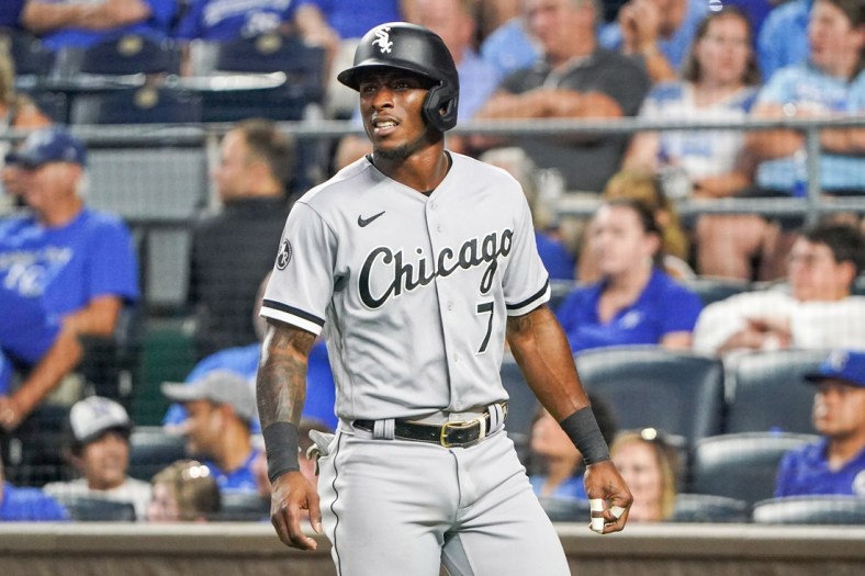 Jul 26, 2021; Kansas City, Missouri, USA; Chicago White Sox shortstop Tim Anderson (7) reacts after striking out during the game against the Kansas City Royals at Kauffman Stadium. Mandatory Credit: Denny Medley-USA TODAY Sports