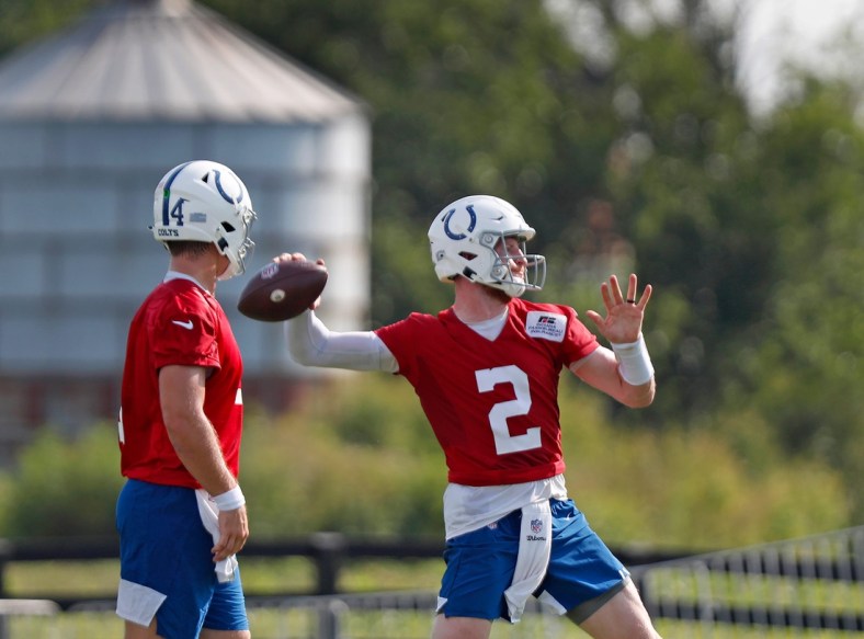 Quarterback Carson Wentz (#2), right, runs drills as he returns to Colts camp practice Monday, Aug. 23, 2021 at Grand Park Sports Campus in Westfield.

Colts Camp Practice Continues At Grand Park Sports Campus In Westfield Monday Aug 23 2021