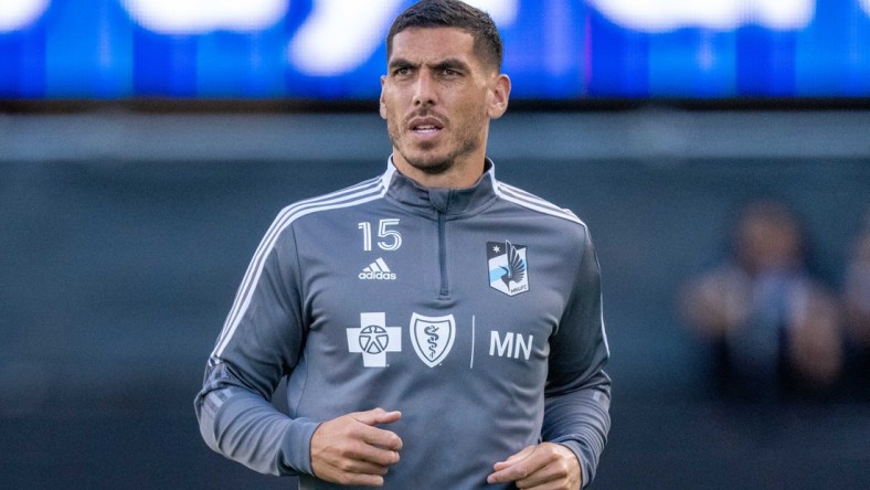 August 17, 2021; San Jose, California, USA; Minnesota United defender Michael Boxall (15) before the match against the San Jose Earthquakes at PayPal Park. Mandatory Credit: Kyle Terada-USA TODAY Sports