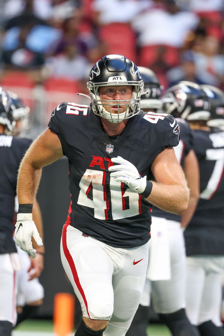 Aug 13, 2021; Atlanta, Georgia, USA; Atlanta Falcons tight end Parker Hesse (46) comes off of the field during their game against the Tennessee Titans at Mercedes-Benz Stadium. Mandatory Credit: Jason Getz-USA TODAY Sports