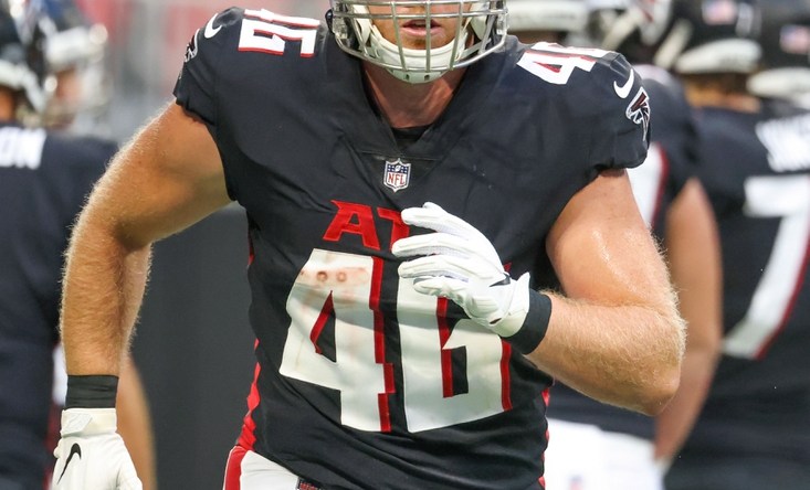 Aug 13, 2021; Atlanta, Georgia, USA; Atlanta Falcons tight end Parker Hesse (46) comes off of the field during their game against the Tennessee Titans at Mercedes-Benz Stadium. Mandatory Credit: Jason Getz-USA TODAY Sports