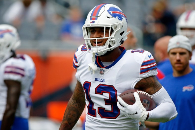 Aug 21, 2021; Chicago, Illinois, USA; Buffalo Bills wide receiver Gabriel Davis (13) runs with the ball during warmups before the game against the Chicago Bears at Soldier Field. The Buffalo Bills won 41-15. Mandatory Credit: Jon Durr-USA TODAY Sports