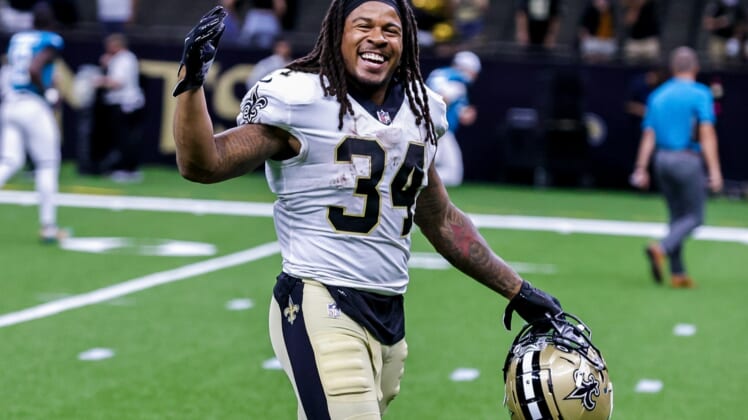 Aug 23, 2021; New Orleans, Louisiana, USA;  New Orleans Saints running back Devonta Freeman (34) walks to the locker room after the game against Jacksonville Jaguars during the second half at Caesars Superdome. Mandatory Credit: Stephen Lew-USA TODAY Sports