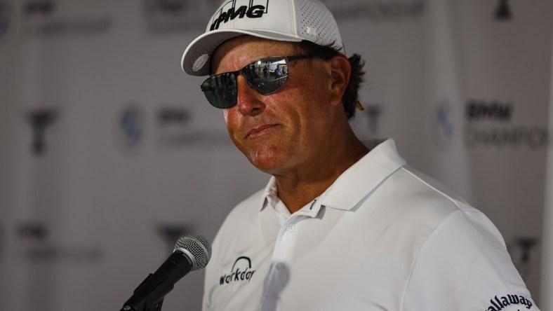 Aug 26, 2021; Owings Mills, Maryland, USA; Phil Mickelson speaks to the media finishing play in the first round of the BMW Championship golf tournament. Mandatory Credit: Scott Taetsch-USA TODAY Sports