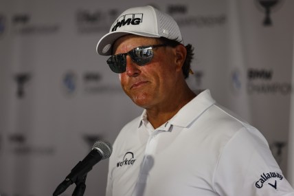 Aug 26, 2021; Owings Mills, Maryland, USA; Phil Mickelson speaks to the media finishing play in the first round of the BMW Championship golf tournament. Mandatory Credit: Scott Taetsch-USA TODAY Sports