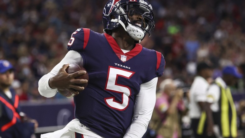 Aug 28, 2021; Houston, Texas, USA; Houston Texans quarterback Tyrod Taylor (5) reacts after a play against the Tampa Bay Buccaneers during the first quarter at NRG Stadium. Mandatory Credit: Troy Taormina-USA TODAY Sports