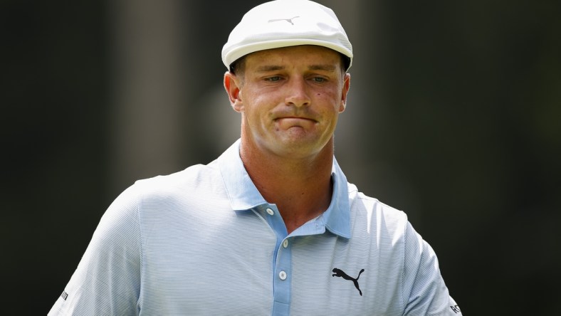 Aug 28, 2021; Owings Mills, Maryland, USA; Bryson DeChambeau reacts on the first green during the third round of the BMW Championship golf tournament. Mandatory Credit: Scott Taetsch-USA TODAY Sports