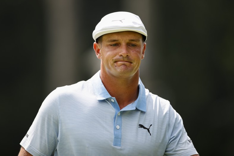 Aug 28, 2021; Owings Mills, Maryland, USA; Bryson DeChambeau reacts on the first green during the third round of the BMW Championship golf tournament. Mandatory Credit: Scott Taetsch-USA TODAY Sports