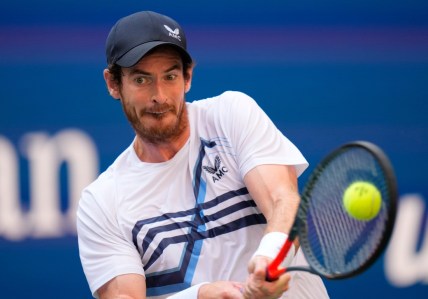 Aug 30, 2021; Flushing, NY, USA; Andy Murray of Great Britain hits to Stefanos Tsitsipas of Greece (not pictured) on day one of the 2021 U.S. Open tennis tournament at USTA Billie King National Tennis Center. Mandatory Credit: Robert Deutsch-USA TODAY Sports