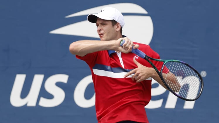 Aug 31, 2021; Flushing, NY, USA;  Hubert Hurkacz of Poland returns a shot against Egor Gerasimov of Belarus in a first round match on day two of the 2021 U.S. Open tennis tournament at USTA Billie King National Tennis Center. Mandatory Credit: Jerry Lai-USA TODAY Sports