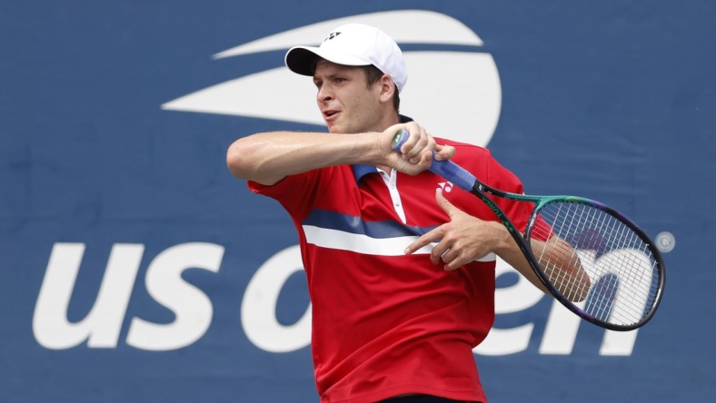 Aug 31, 2021; Flushing, NY, USA;  Hubert Hurkacz of Poland returns a shot against Egor Gerasimov of Belarus in a first round match on day two of the 2021 U.S. Open tennis tournament at USTA Billie King National Tennis Center. Mandatory Credit: Jerry Lai-USA TODAY Sports