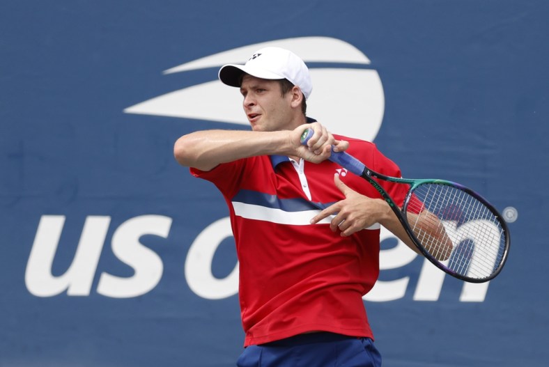 Aug 31, 2021; Flushing, NY, USA;  Hubert Hurkacz of Poland returns a shot against Egor Gerasimov of Belarus in a first round match on day two of the 2021 U.S. Open tennis tournament at USTA Billie King National Tennis Center. Mandatory Credit: Jerry Lai-USA TODAY Sports