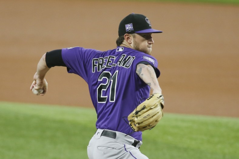 Sep 1, 2021; Arlington, Texas, USA; Colorado Rockies starting pitcher Kyle Freeland (21) throws a pitch in the first inning against the Texas Rangers at Globe Life Field. Mandatory Credit: Tim Heitman-USA TODAY Sports