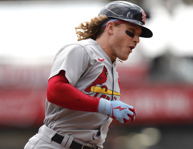 Sep 1, 2021; Cincinnati, Ohio, USA; St. Louis Cardinals center fielder Harrison Bader (48) reacts as he runs the bases after hitting a solo home run against the Cincinnati Reds during the second inning in game one of a doubleheader at Great American Ball Park.  Mandatory Credit: David Kohl-USA TODAY Sports