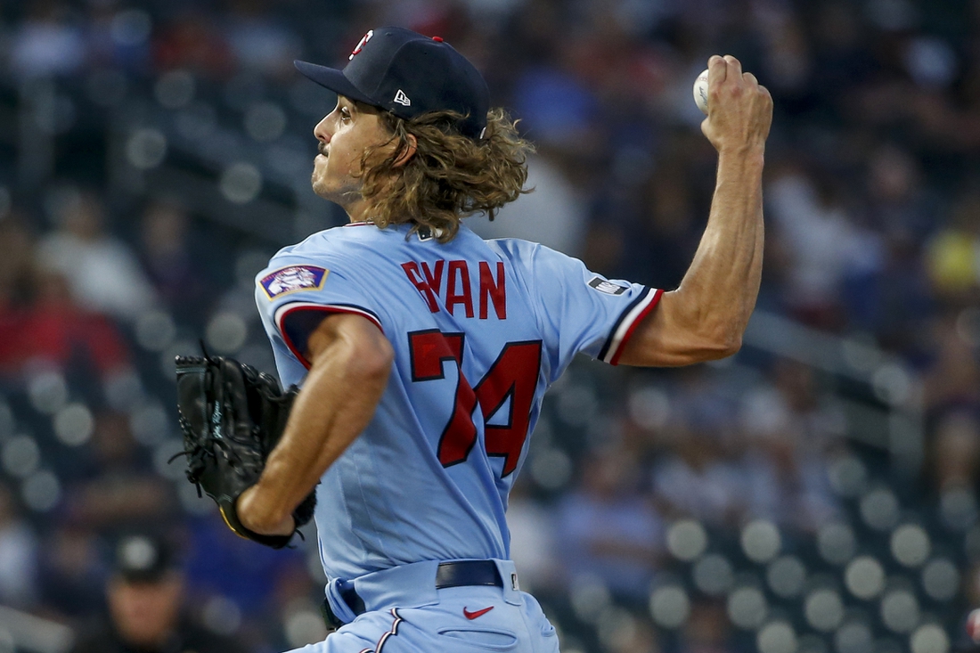 Sep 1, 2021; Minneapolis, Minnesota, USA; Minnesota Twins starting pitcher Joe Ryan (74) throws a pitch against the Chicago Cubs in the third inning at Target Field. Mandatory Credit: Bruce Kluckhohn-USA TODAY Sports