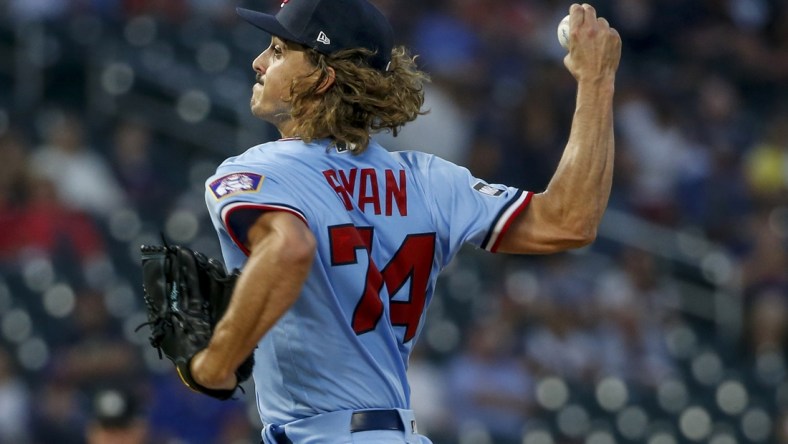 Sep 1, 2021; Minneapolis, Minnesota, USA; Minnesota Twins starting pitcher Joe Ryan (74) throws a pitch against the Chicago Cubs in the third inning at Target Field. Mandatory Credit: Bruce Kluckhohn-USA TODAY Sports