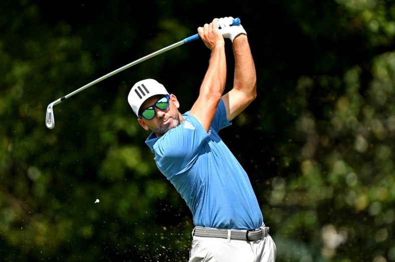 Sep 2, 2021; Atlanta, Georgia, USA; Sergio Garcia plays his shot from the second tee during the first round of the Tour Championship golf tournament. Mandatory Credit: Adam Hagy-USA TODAY Sports
