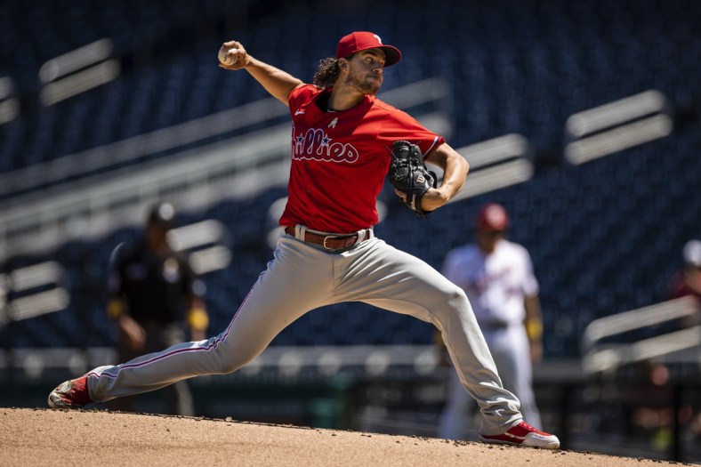 Sep 2, 2021; Washington, District of Columbia, USA; Philadelphia Phillies starting pitcher Aaron Nola (27) pitches against the Washington Nationals during the first inning at Nationals Park. Mandatory Credit: Scott Taetsch-USA TODAY Sports
