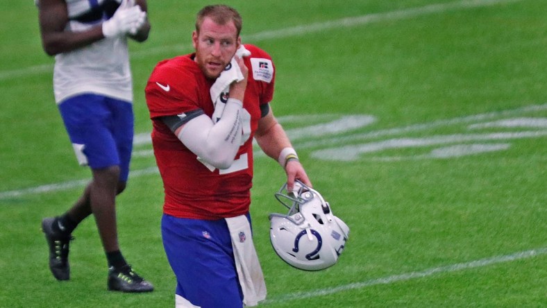 Quarterback Carson Wentz (#2) cools down between drills during the last day of Colts camp practice Wednesday, Aug. 25, 2021 at Grand Park Sports Campus in Westfield.

Last Day Of Colts Camp Practice Wednesday Aug 25 2021