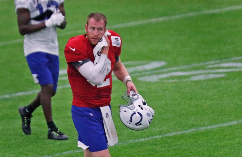 Quarterback Carson Wentz (#2) cools down between drills during the last day of Colts camp practice Wednesday, Aug. 25, 2021 at Grand Park Sports Campus in Westfield.

Last Day Of Colts Camp Practice Wednesday Aug 25 2021