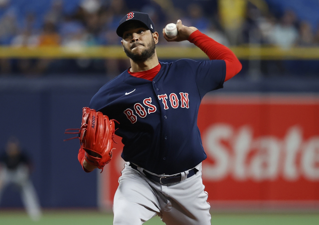 Sep 2, 2021; St. Petersburg, Florida, USA; Boston Red Sox starting pitcher Eduardo Rodriguez (57) throws against the Tampa Bay Rays during the second inning  at Tropicana Field. Mandatory Credit: Kim Klement-USA TODAY Sports