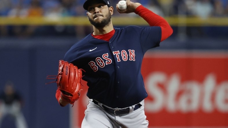 Sep 2, 2021; St. Petersburg, Florida, USA; Boston Red Sox starting pitcher Eduardo Rodriguez (57) throws against the Tampa Bay Rays during the second inning  at Tropicana Field. Mandatory Credit: Kim Klement-USA TODAY Sports