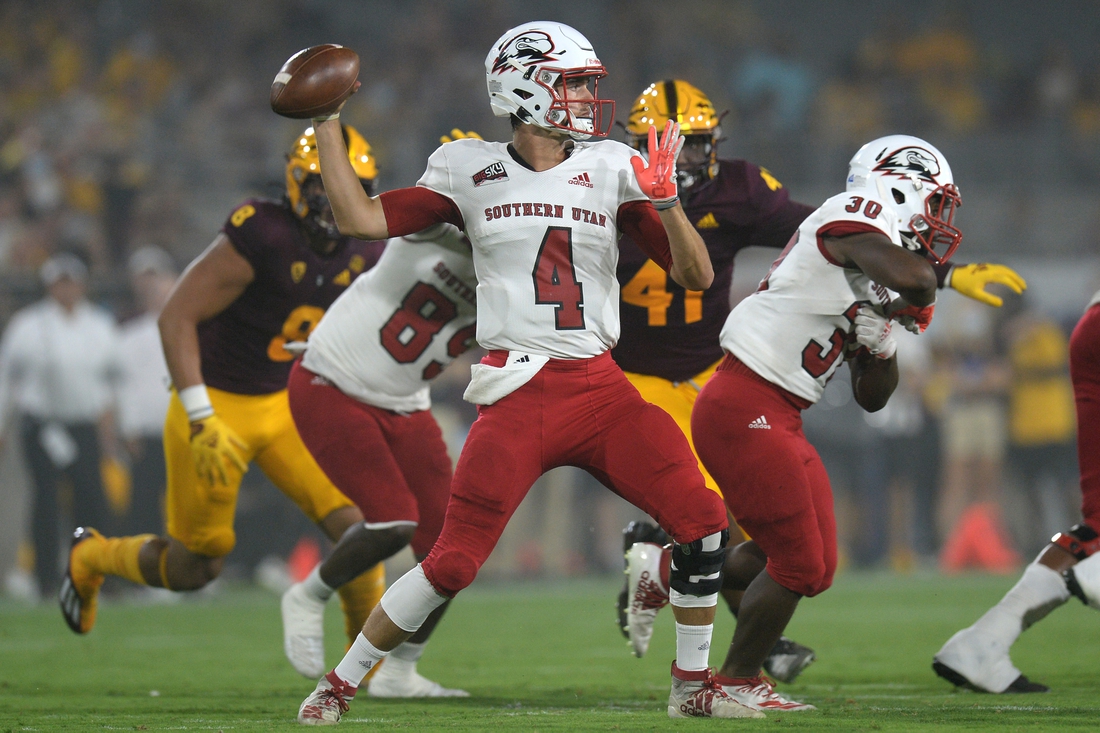 Sep 2, 2021; Tempe, Arizona, USA; Southern Utah Thunderbirds quarterback Justin Miller (4) throws a pass against the Arizona State Sun Devils during the first half at Sun Devil Stadium. Mandatory Credit: Joe Camporeale-USA TODAY Sports