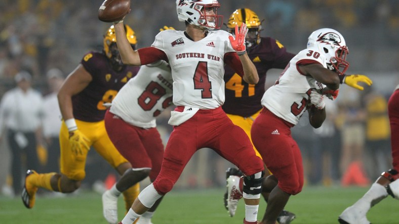 Sep 2, 2021; Tempe, Arizona, USA; Southern Utah Thunderbirds quarterback Justin Miller (4) throws a pass against the Arizona State Sun Devils during the first half at Sun Devil Stadium. Mandatory Credit: Joe Camporeale-USA TODAY Sports