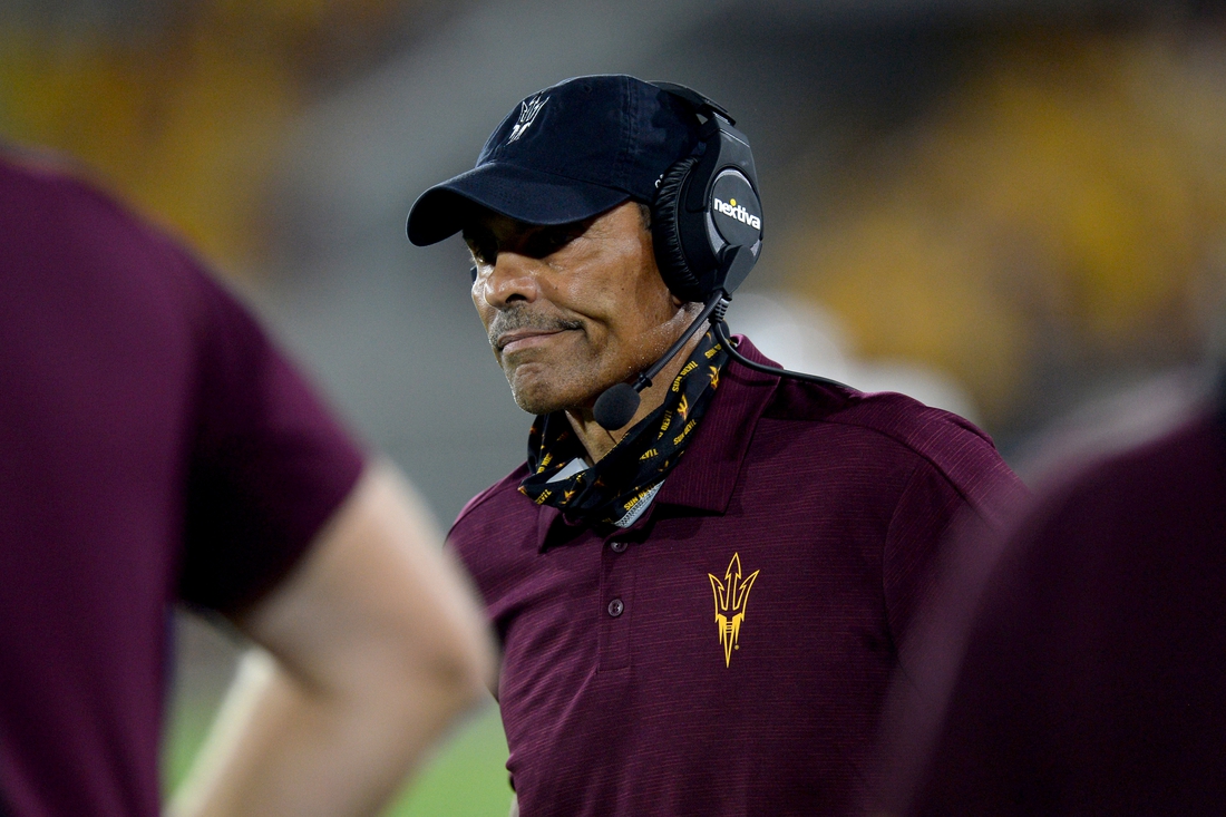 Sep 2, 2021; Tempe, Arizona, USA; Arizona State Sun Devils head coach Herm Edwards looks on during the second half against the Southern Utah Thunderbirds at Sun Devil Stadium. Mandatory Credit: Joe Camporeale-USA TODAY Sports