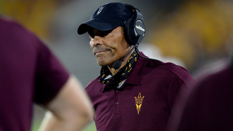 Sep 2, 2021; Tempe, Arizona, USA; Arizona State Sun Devils head coach Herm Edwards looks on during the second half against the Southern Utah Thunderbirds at Sun Devil Stadium. Mandatory Credit: Joe Camporeale-USA TODAY Sports