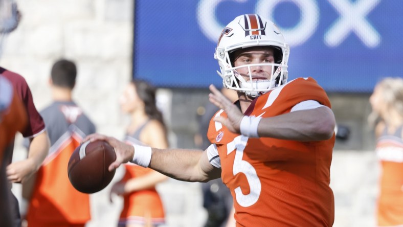 Sep 3, 2021; Blacksburg, Virginia, USA;  Virginia Tech Hokies quarterback Braxton Burmeister (3)throws a warmup pass before the game against the North Carolina Tar Heels at Lane Stadium. Mandatory Credit: Reinhold Matay-USA TODAY Sports