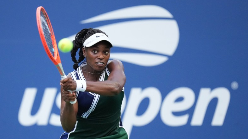 Sep 3, 2021; Flushing, NY, USA; Sloane Stephens of the United States hits to Angelique Kerber of Germany on day five of the 2021 U.S. Open tennis tournament at USTA Billie Jean King National Tennis Center. Mandatory Credit: Danielle Parhizkaran-USA TODAY Sports