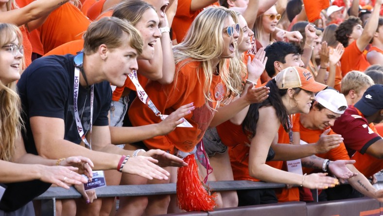 Sep 3, 2021; Blacksburg, Virginia, USA;  Virginia Tech Hokies fans cheer during the second quarter against the North Carolina Tar Heels at Lane Stadium. Mandatory Credit: Reinhold Matay-USA TODAY Sports