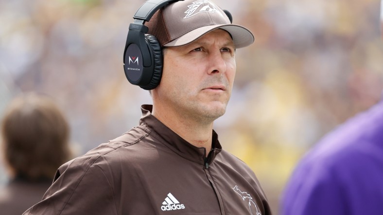 Sep 4, 2021; Ann Arbor, Michigan, USA;  Western Michigan Broncos head coach Tim Lester on the sideline in the first half against the Michigan Wolverines at Michigan Stadium. Mandatory Credit: Rick Osentoski-USA TODAY Sports