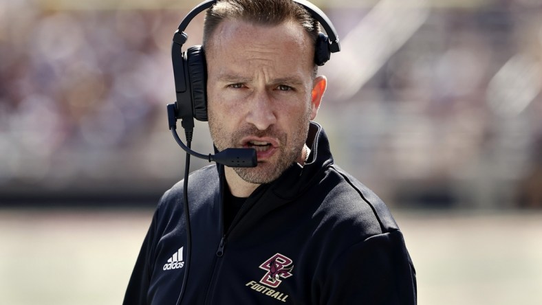 Sep 4, 2021; Chestnut Hill, Massachusetts, USA; Boston College Eagles head coach Jeff Hafley along the sidelines during the first half against the Colgate Raiders at Alumni Stadium. Mandatory Credit: Winslow Townson-USA TODAY Sports