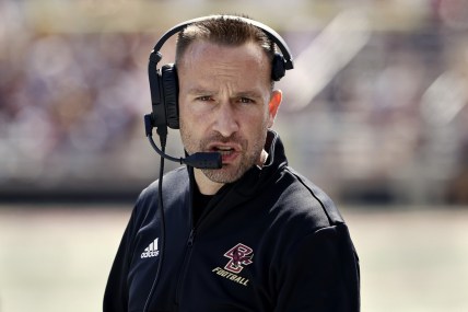 Sep 4, 2021; Chestnut Hill, Massachusetts, USA; Boston College Eagles head coach Jeff Hafley along the sidelines during the first half against the Colgate Raiders at Alumni Stadium. Mandatory Credit: Winslow Townson-USA TODAY Sports