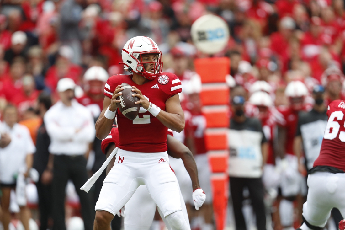 Sep 4, 2021; Lincoln, Nebraska, USA; Nebraska Cornhuskers quarterback Adrian Martinez (2) looks to throw against the Fordham Rams in the first half at Memorial Stadium. Mandatory Credit: Bruce Thorson-USA TODAY Sports