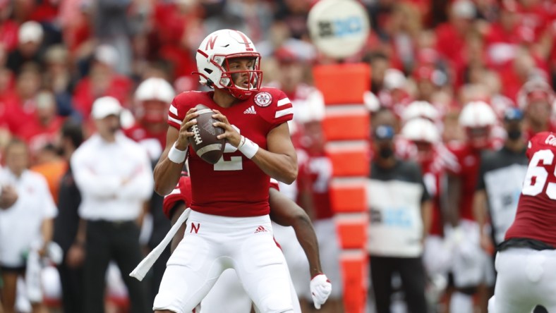 Sep 4, 2021; Lincoln, Nebraska, USA; Nebraska Cornhuskers quarterback Adrian Martinez (2) looks to throw against the Fordham Rams in the first half at Memorial Stadium. Mandatory Credit: Bruce Thorson-USA TODAY Sports