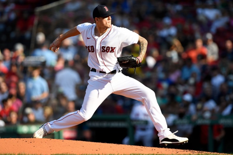 Sep 4, 2021; Boston, Massachusetts, USA; Boston Red Sox starting pitcher Tanner Houck (89) pitches against the Cleveland Indians during the second inning at Fenway Park. Mandatory Credit: Brian Fluharty-USA TODAY Sports