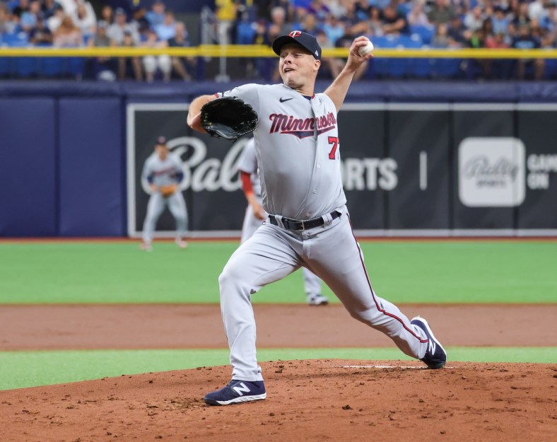 Sep 4, 2021; St. Petersburg, Florida, USA; Minnesota Twins starting pitcher Andrew Albers (77) throws a pitch against the Tampa Bay Rays during the first inning at Tropicana Field. Mandatory Credit: Mike Watters-USA TODAY Sports