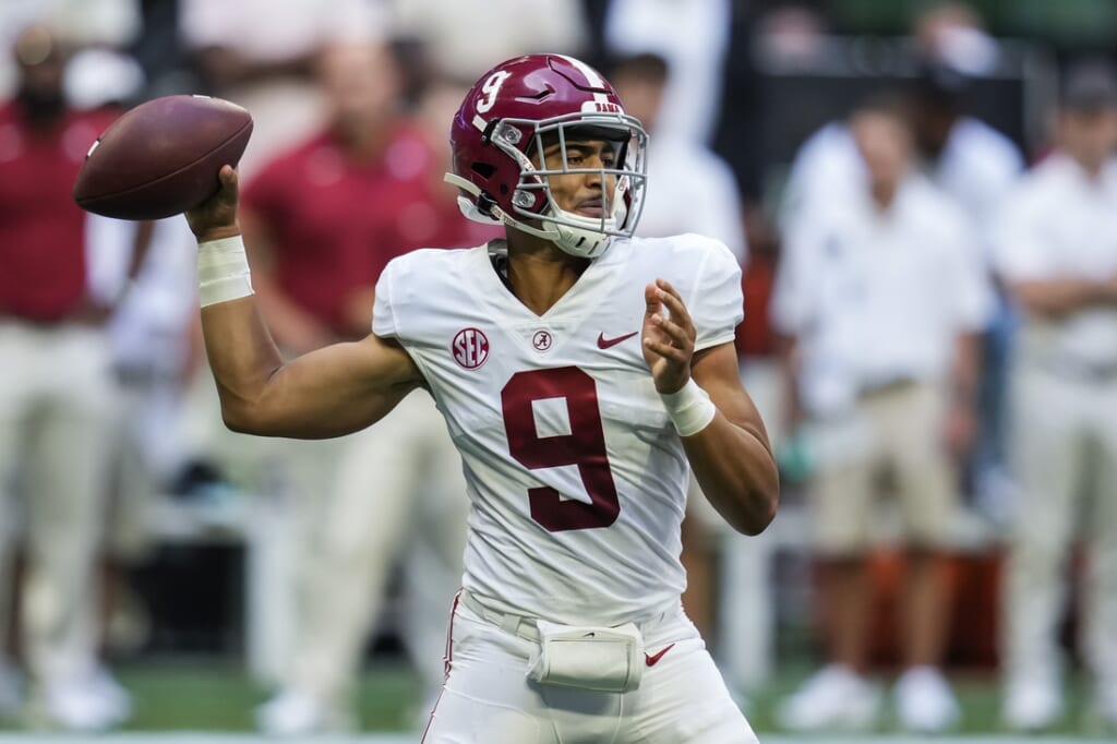 Sep 4, 2021; Atlanta, Georgia, USA; Alabama Crimson Tide quarterback Bryce Young (9) passes against the Miami Hurricanes during the first high at Mercedes-Benz Stadium. Mandatory Credit: Dale Zanine-USA TODAY Sports