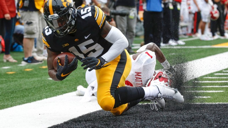 Iowa junior running back Tyler Goodson runs into the end zone for a touchdown in the first quarter against Indiana at Kinnick Stadium in Iowa City on Saturday, Sept. 4, 2021.

20210904 Iowavsindiana