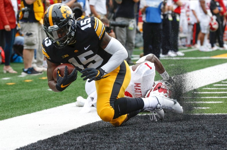Iowa junior running back Tyler Goodson runs into the end zone for a touchdown in the first quarter against Indiana at Kinnick Stadium in Iowa City on Saturday, Sept. 4, 2021.

20210904 Iowavsindiana