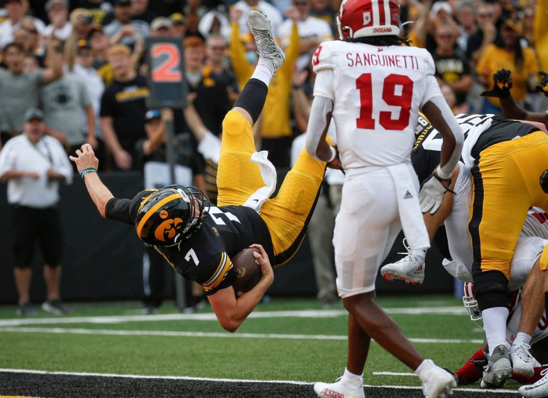 Iowa junior quarterback Spencer Petras dives into the end zone for a Hawkeyes touchdown in the second quarter against Indiana at Kinnick Stadium in Iowa City on Saturday, Sept. 4, 2021.

20210904 Iowavsindiana
