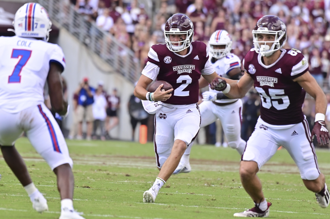 Sep 4, 2021; Starkville, Mississippi, USA;  Mississippi State Bulldogs quarterback Will Rogers (2) runs the ball against the Louisiana Tech Bulldogs during the first quarter at Davis Wade Stadium at Scott Field. Mandatory Credit: Matt Bush-USA TODAY Sports