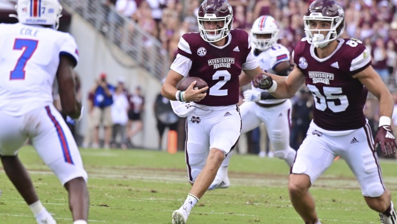 Sep 4, 2021; Starkville, Mississippi, USA;  Mississippi State Bulldogs quarterback Will Rogers (2) runs the ball against the Louisiana Tech Bulldogs during the first quarter at Davis Wade Stadium at Scott Field. Mandatory Credit: Matt Bush-USA TODAY Sports